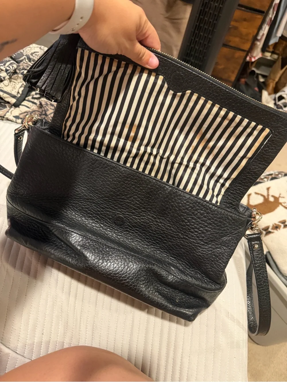 kate spade Black Pebbled Leather Fold-Over Crossbody with Gold Hardware
